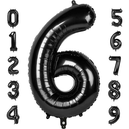 Balon din Folie Metalizata, Cyrax, Figurina Cifra, Tema Aniversare 80 cm, Ambalaj Individual, Pai inclus, Umflare cu Aer sau Heliu, Negru, Cifra 6