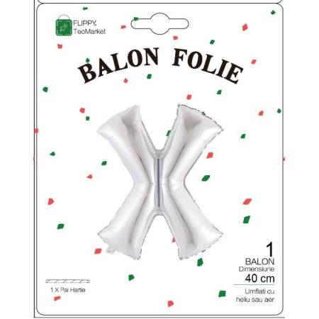 Balon Folie Metalizata Litera X, Cyrax, 40 cm, Umflati cu Heliu sau Aer, Ambalaj Individual, Pai inclus, Argintiu