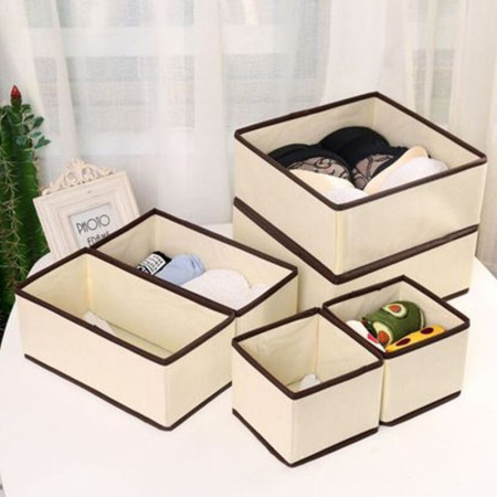 Organizator pentru Sertar,  3 Marimi, pentru Lenjerie, Tricouri, Sosete, 6 Piese, Pliabil, Stivuibil, din Tesatura, Alb/Maro