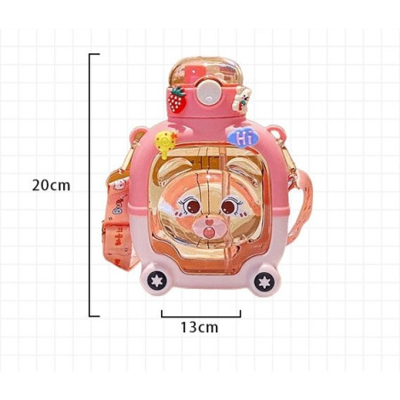 Sticla cu pai pentru copii, Cyrax, model ursulet, gradata, stickere aplicate, curea reglabila, din plastic rezistent la cadere, 1l, Roz, 20 x 13 cm