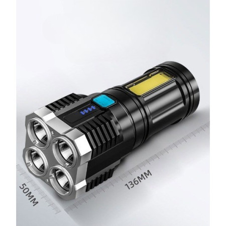 Lanterna LED Tactica 2 in 1,  4 Moduri de Iluminare, Tip Proiector COB, Rezistenta la Apa, Reincarcabila, USB, Lanterna de Drumetii, 13.6 x 5 cm, Negru