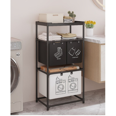 Cos de Rufe,  3 Rafturi, 3 Cosuri, Cadru de Otel Inoxidabil, 123x28x57 cm, Negru