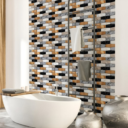 Set 10 x Placi Tapet Autocolant 3D cu Imitatie de Marmura Asimetrica,  pentru Perete Bucatarie Sufragerie, Usor de Curatat, Rezistent la Apa, Autoadeziv, 30x30 cm, Maro Gri Negru