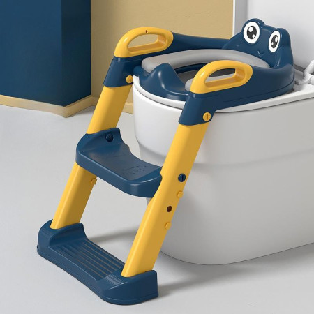 Reductor si Scaunel Inaltator WC, Cyrax, pentru Copii 1 - 7 Ani, 2 Trepte Reglabile, Pliabil, Colac Moale, cu Spatar si Manere, Inaltime 54/58 cm x 39.5 x 35 cm, din Plastic+PVC, Albastru/Portocaliu