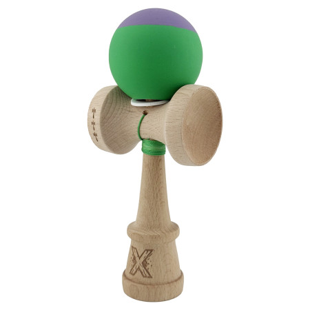 Kendama X Originala, Profesionala, Cyrax, Rubber Grip, Cupe Mari KING SIZE V3, Gaura in Baza, Rulment Metalic, din lemn 18 cm, Ata 62/65 cm, Bicolor Mov/Verde