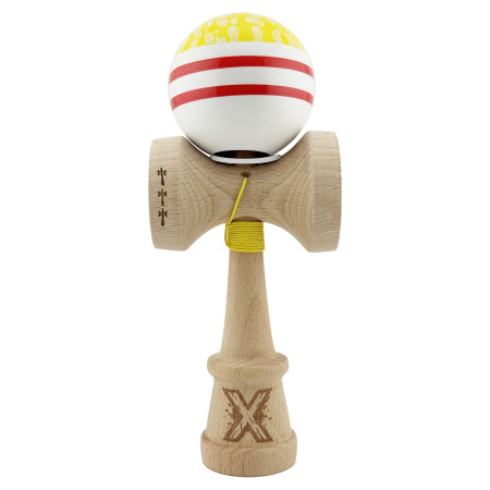Kendama X Originala CHICANOS, Profesionala, Cyrax, Cupe Mari KING SIZE V3, Super Sticky, Gaura in Baza, Rulment Metalic, din lemn 18 cm, Ata 55 cm, Galben/Alb