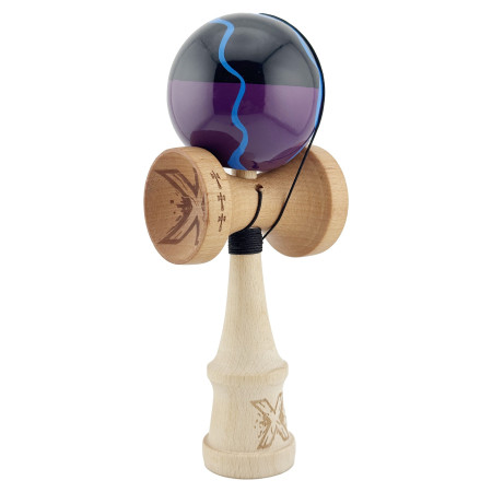 Kendama X Originala, Profesionala, Cyrax, Big Cups V2, Super Sticky cu Cupe Mari, Rulment Metalic, din lemn 18 cm, Ata 55 cm, Negru/Mov