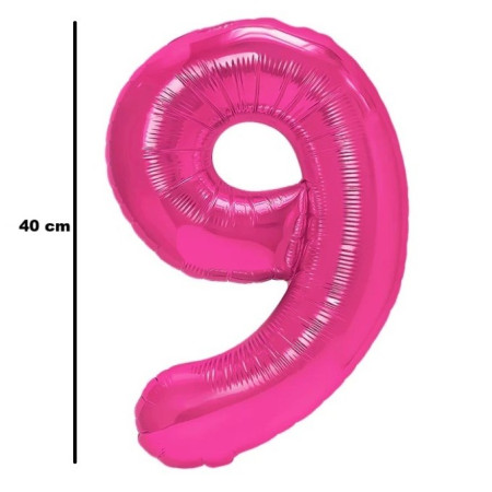 Balon din Folie Metalizata Cyrax, Figurina Cifra, Tema Aniversare 40 cm, Ambalaj Individual, Pai inclus, Umflare cu Aer sau Heliu, Roz, Cifra 9
