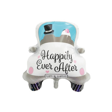 Balon din Folie Metalizata, Cyrax, Figurina Masina, Model Nunta Happily Ever After, Tema Nunta, 60 x 63 cm, Ambalaj Individual, Pai Inclus, Umflare cu Aer sau Heliu, Alb
