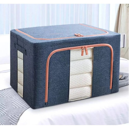Cutie de Depozitare Pliabila,  Cu Fermoar, 100 L, Textil, 60x42x40 cm, Cadru Metalic, Suport Baza Stabil din Plastic, Albastru Marin cu Doua Ferestre