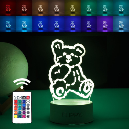 Lampa LED decorativa,  3D, Ursulet, cu telecomanda, doua moduri de alimentare USB si baterii, 20 cm inaltime, din material acril si lumina multicolora, alb