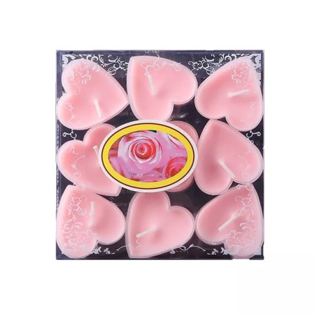 Set 9 Lumanari in Forma de Inima,  pentru Ziua Indragostitilor, Aroma de Trandafiri, Ardere 3.5 h, din Parafina, 4 x 2 cm, Roz