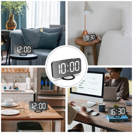 Ceas digital cu LED,  multifunctional, afisaj digital, alarma, 2 porturi USB de iesire, ecran tip oglinda, modern, 15.8 cm, alb