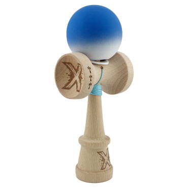 Kendama X Originala, Profesionala, Cyrax, Rubber Grip, Cupe Mari KING SIZE V3, Gaura in Baza, Rulment Metalic, din lemn 18 cm, Ata 62/65 cm, Gradient Albastru/Alb