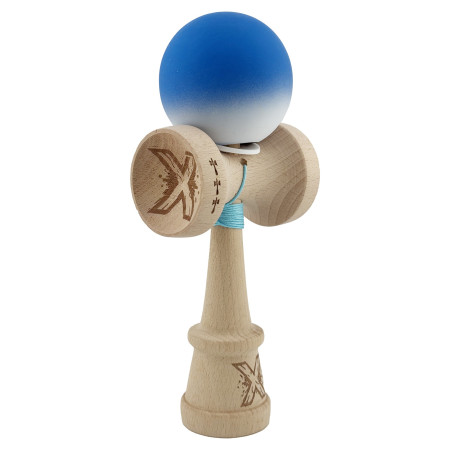 Kendama X Originala, Profesionala, Cyrax, Rubber Grip, Cupe Mari KING SIZE V3, Gaura in Baza, Rulment Metalic, din lemn 18 cm, Ata 62/65 cm, Gradient Albastru/Alb