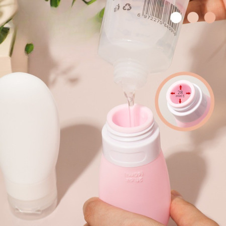 Recipient Portabil din Silicon Elegant de Voiaj, Sticla de Calatorie,  Potrivita pentru Lotiune, Sampon si Alte Lichide, Anti-scurgere, cu Posibilitate de Reumplere, Capacitate 90mL, 14cm, Roz