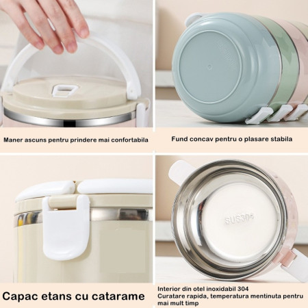 Set 2 Caserole pentru alimente Cyrax, lunch box, 1400 ml, otel inoxidabil, maner, valva aerisire, 15.5 x 15 cm, inchidere etansa, multicolor