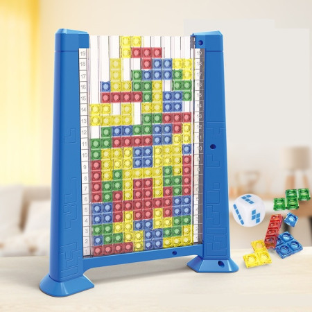 Joc de inteligenta Tetris puzzle tangram Cyrax, 70 de piese multicolore, 3D, montessori, interactiv, din plastic, zar inclus, sac depozitare piese, varsta peste 6 ani, 23 x 19.8 x 5 cm, cadru albastru