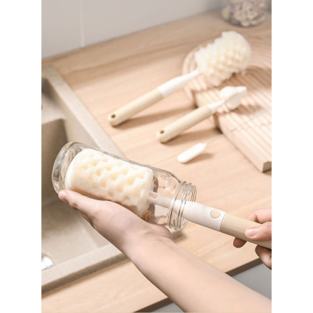 Set 3 Perii de Spalat Biberoane, Cyrax, pentru Tetina, Biberon, Pai, Materiale Sigure, fara BPA, Curatare 360°, Bej