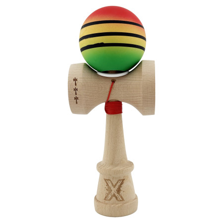 Kendama X Originala, Profesionala, Cyrax, Rubber Grip, Cupe Mari KING SIZE V3, Gaura in Baza, Rulment Metalic, din lemn 18 cm, Ata 62/65 cm, Special Rosu/Galben/Verde