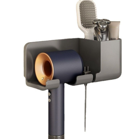 Suport de Baie,  pentru Uscator de Par, cu Organizator Dublu, din Plastic, Aplicare cu Suport Adeziv, 23 x 8.8 x 9.5 cm, Negru