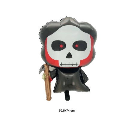 Set 5 Baloane din Folie Metalizata, Cyrax, Figurine, Tema Halloween, Pai Inclus, Ambalaj Individual, Umflare cu Aer sau Heliu, Figurina Craniu 50.5x74 cm, Stelute si Cerculete 45 cm, Alb-Negru