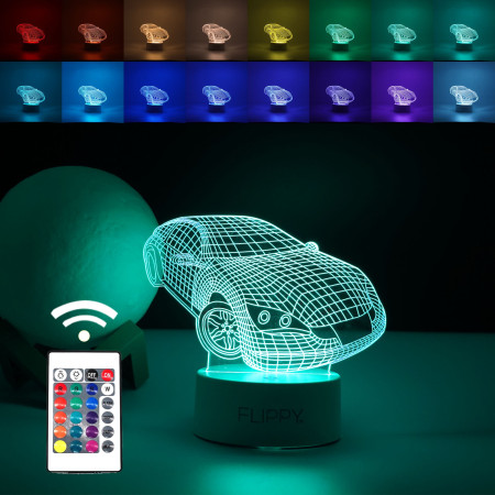 Lampa LED decorativa,  3D, Masina Sport, doua moduri de alimentare USB si baterii, 20 cm inaltime, din material acril si lumina multicolora, alb