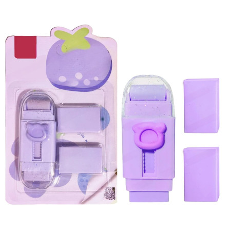 Radiera Retractabila,  Model Ursulet, Reglare Push-Pull, Radiera de tip Push, Doua Radiere de Rezerva in set din Cauciuc, Mov