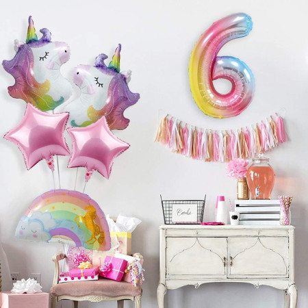 Balon din Folie Metalizata Gradient Cyrax, Figurina Cifra, Tema Aniversare 100 cm, Ambalaj Individual, Pai inclus, Umflare cu Aer sau Heliu, Multicolor, Cifra 6
