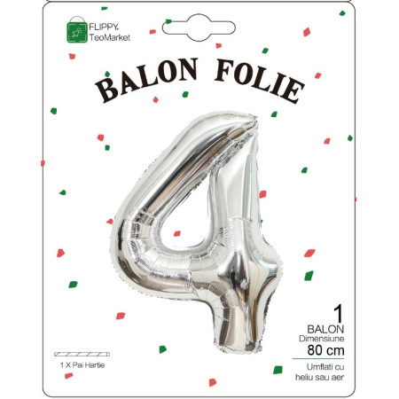 Balon din Folie Metalizata, Cyrax, Figurina Cifra, Tema Aniversare 80 cm, Ambalaj Individual, Pai inclus, Umflare cu Aer sau Heliu, Argintiu, Cifra 4