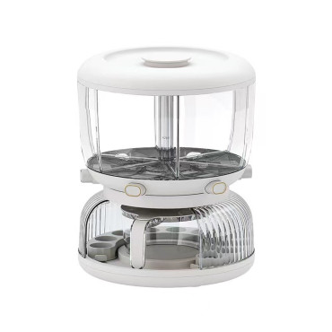 Dozator etajat de cereale Cyrax, rotativ 360, 6 compartimente, capacitate 10L, cofrag special pentru oua, vas pentru scurgerea cerealelor, 35x27.5 cm, alb