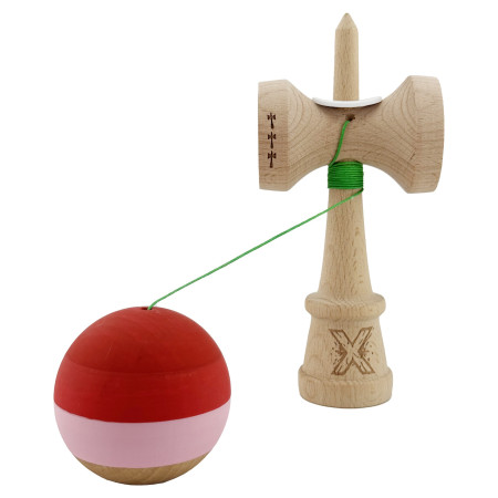 Kendama X Originala, Profesionala, Cyrax, Rubber Grip, Cupe Mari KING SIZE V3, Gaura in Baza, Rulment Metalic, din lemn 18 cm, Ata 62/65 cm, Special Rosu/Roz/Maro