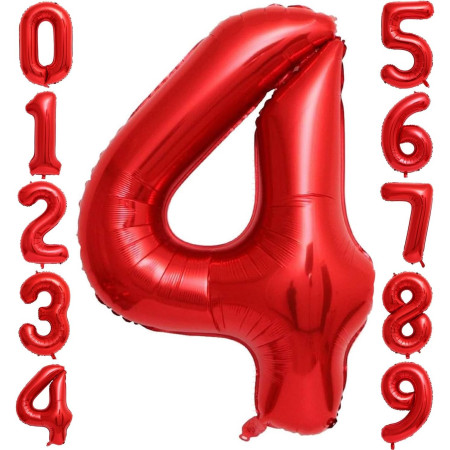 Balon din Folie Metalizata Cyrax, Figurina Cifra, Tema Aniversare 80 cm, Ambalaj Individual, Pai inclus, Umflare cu Aer sau Heliu, Rosu, Cifra 4
