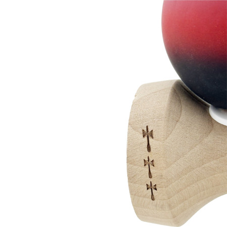 Kendama X Originala, Profesionala, Cyrax, Cupe Mari KING SIZE V3, Rubber Grip, Gaura in Baza, Rulment Metalic, din lemn 18 cm, Ata 62/65 cm, Gradient Mov/Rosu/Negru