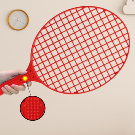 Set Badminton pentru Copii, Cyrax, Doua Palete, Fluturas, 2 Mingi, Minge cu Elastic pentru Antrenament, Suport de Prindere Stabil, 40.5x23 cm, Rosu Galben