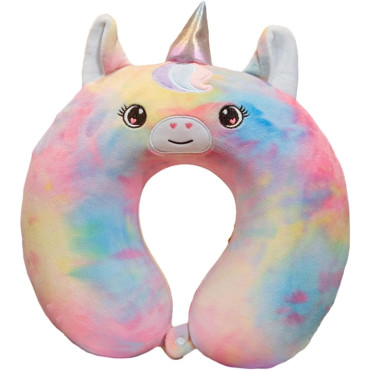Perna de Calatorie in Forma de U,  Pentru Gat si Cap, Umplutura din Spuma cu Memorie, 30x30 cm, Model Unicorn, Accesoriu de Voiaj, Birou, Masina, Sistem Prindere Capse, Multicolor
