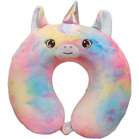 Perna de Calatorie in Forma de U,  Pentru Gat si Cap, Umplutura din Spuma cu Memorie, 30x30 cm, Model Unicorn, Accesoriu de Voiaj, Birou, Masina, Sistem Prindere Capse, Multicolor