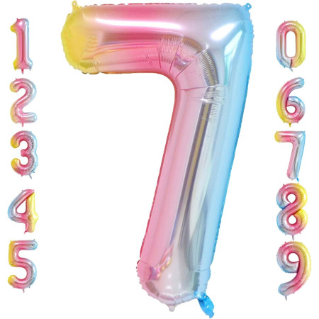 Balon din Folie Metalizata Gradient Cyrax, Figurina Cifra, Tema Aniversare 100 cm, Ambalaj Individual, Pai inclus, Umflare cu Aer sau Heliu, Multicolor, Cifra 7