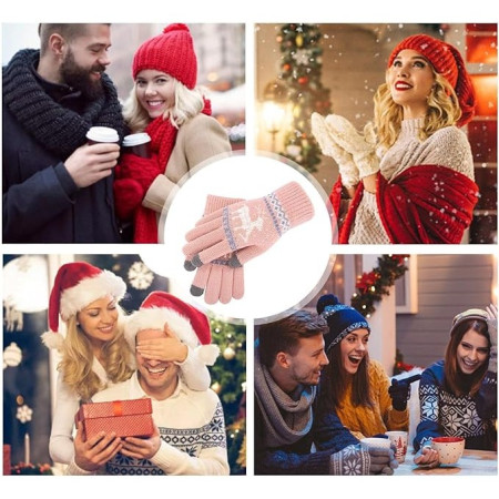 Manusi de Dama,  Model Ren, Functie Touchscreen (ecran tactil), Material Acril Tricotat, Manseta Elastica, Interior Catifelat, Marime Universala, Roz