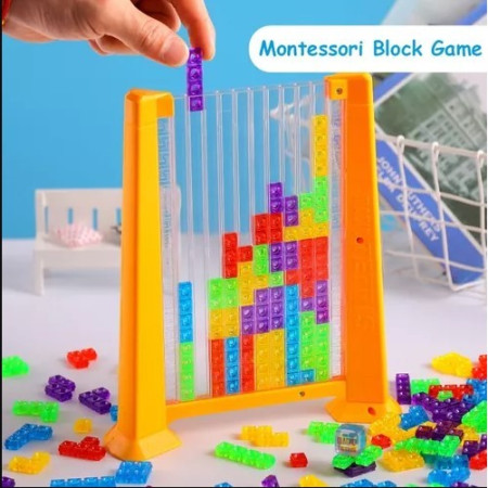 Joc de inteligenta Tetris puzzle tangram Cyrax, 70 de piese multicolore, 3D, montessori, interactiv, din plastic, zar inclus, sac depozitare piese, varsta peste 6 ani, 23 x 19.8 x 5 cm, cadru galben
