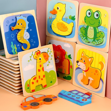 Puzzle Montessori din Lemn pentru Copii, Cyrax, 3D, 0-3 Ani, Model Ratusca, Educativ, Intuitiv, Creativ, 5 Piese, 15x15x0.5 cm, Multicolor