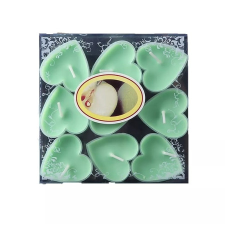 Set 9 Lumanari in Forma de Inima,  pentru Ziua Indragostitilor, Aroma de Mar, Ardere 3.5 h, din Parafina, 4 x 2 cm, Verde