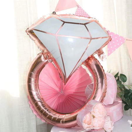 Balon din Folie Metalizata, Cyrax, Figurina Inel de Logodna, Model Diamant, Tema Nunta, 60 cm, Ambalaj Individual, Pai Inclus, Umflare cu Aer sau Heliu, Roz