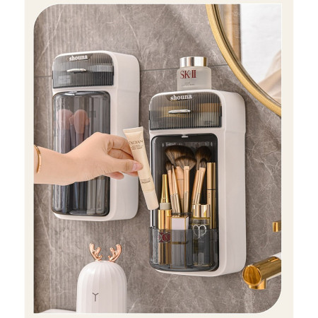 Organizator Baie, Cyrax, 4 Compartimente si 1 Sertar, Rotire 360 Grade, din PP+PET, 27.5 x 16 x 11 cm, Alb/Negru