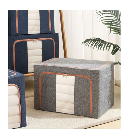 Cutie de Depozitare Pliabila,  66 L, din Bumbac si In, 50x40x33 cm, Fereastra Frontala, 2 Usi de Acces cu Fermoar Bidirectional, Cadru Metalic, Suport Baza Stabil din Plastic, Gri