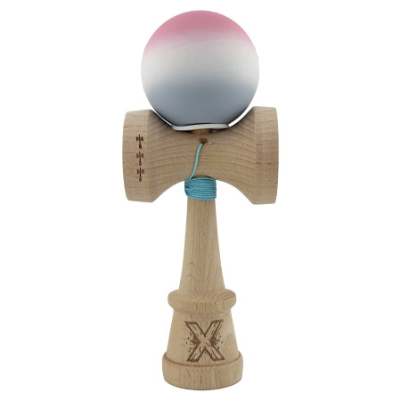 Kendama X Originala, Profesionala, Cyrax, Rubber Grip, Cupe Mari KING SIZE V3, Gaura in Baza, Rulment Metalic, din lemn 18 cm, Ata 62/65 cm, Gradient Roz/Alb/Gri