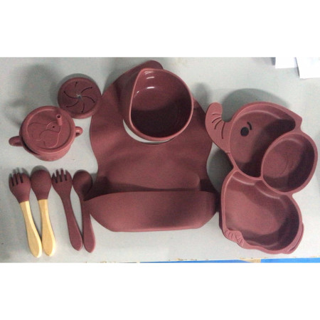 Set 10 Piese Servire Masa. Cyrax, pentru Bebelusi si Copii, din Silicon/Lemn, cu Ventuze Anti-alunecare, fara Alergeni. +6 Luni, Model Elefant, Maro