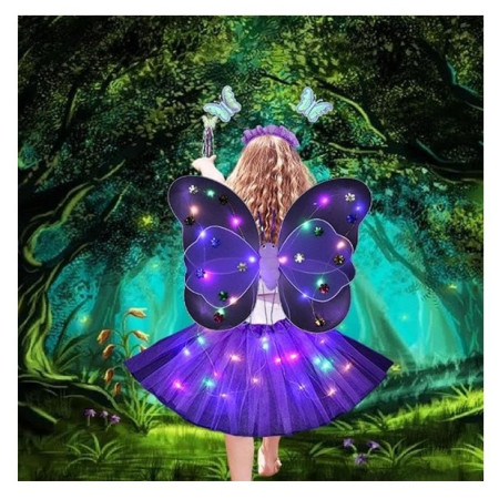 Costum Fluturas cu Aripi Modelabile Luminoase pentru Copii, Cyrax, Fusta din Tul cu Lumini, Bagheta si Bentita, 4 piese, Pentru Halloween, Roleplay, Craciun, Carnaval, Paste, Ziua Copilului, Bumbac/Poliester, Marime universala, Mov