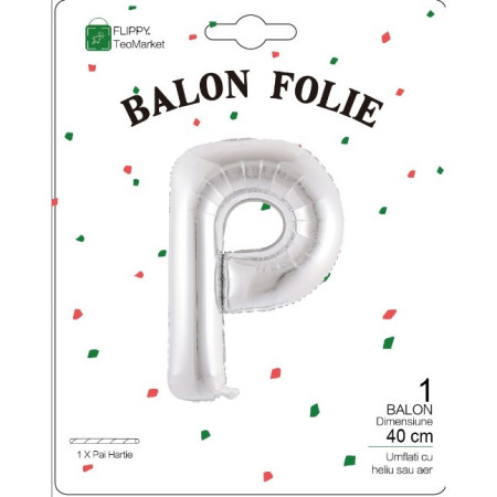 Balon Folie Metalizata Litera P, Cyrax, 40 cm, Umflati cu Heliu sau Aer, Ambalaj Individual, Pai inclus, Argintiu