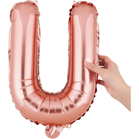 Balon Folie Metalizata Litera U, Cyrax, 40 cm, Umflati cu Heliu sau Aer, Ambalaj Individual, Pai inclus, Rose Gold